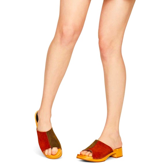 Swedish Hasbeens Shoes - Swedish Hasbeens Rost/Olive combo suede clogs